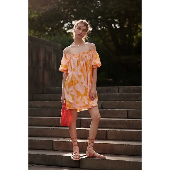 Free People Mila Floral Printed Mini Dress in Tangerine Combo Size Large New - Picture 4 of 10